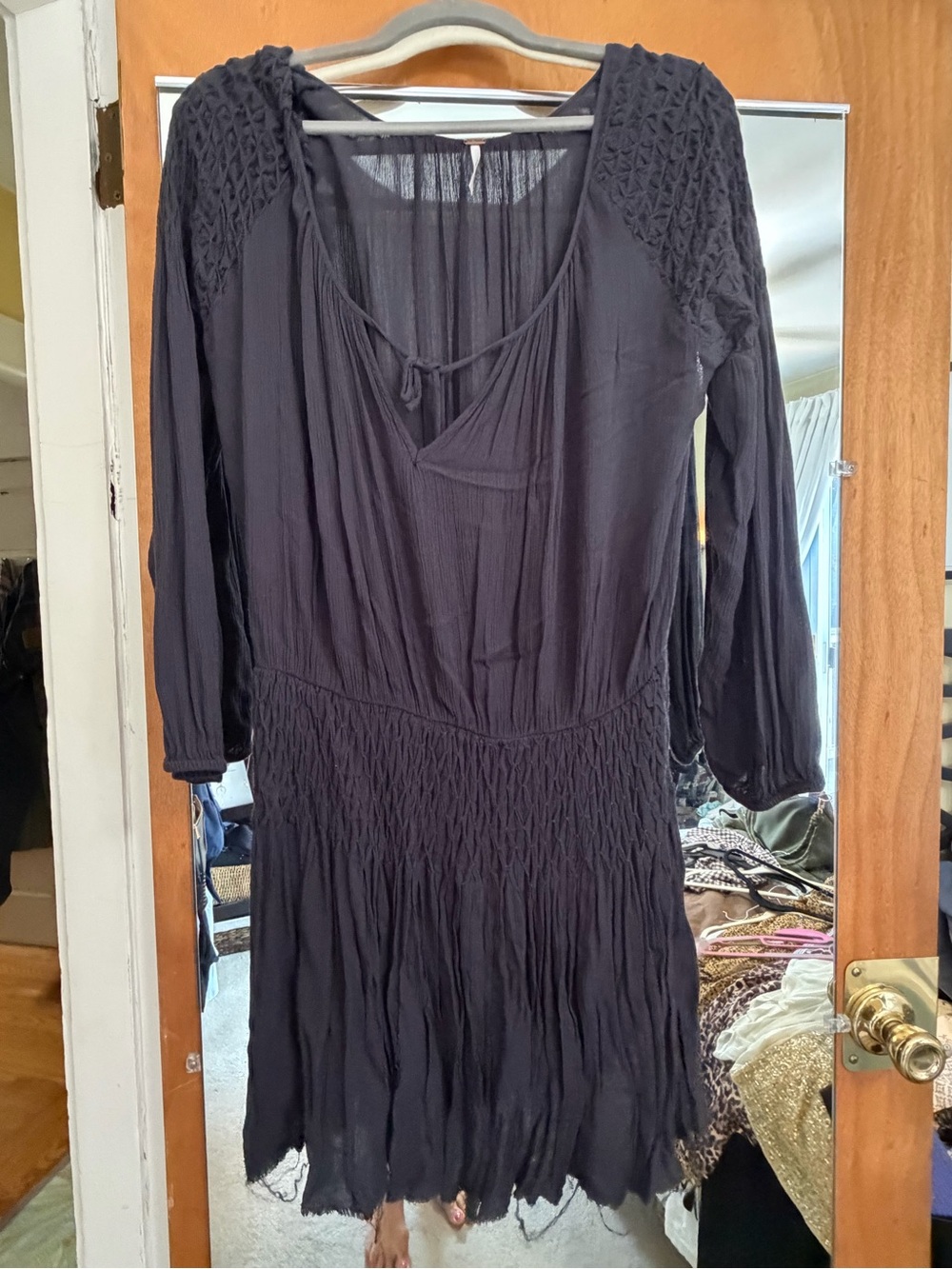 Free People Black Long Sleeve Smocked Waist Boho Dress unfinished hem